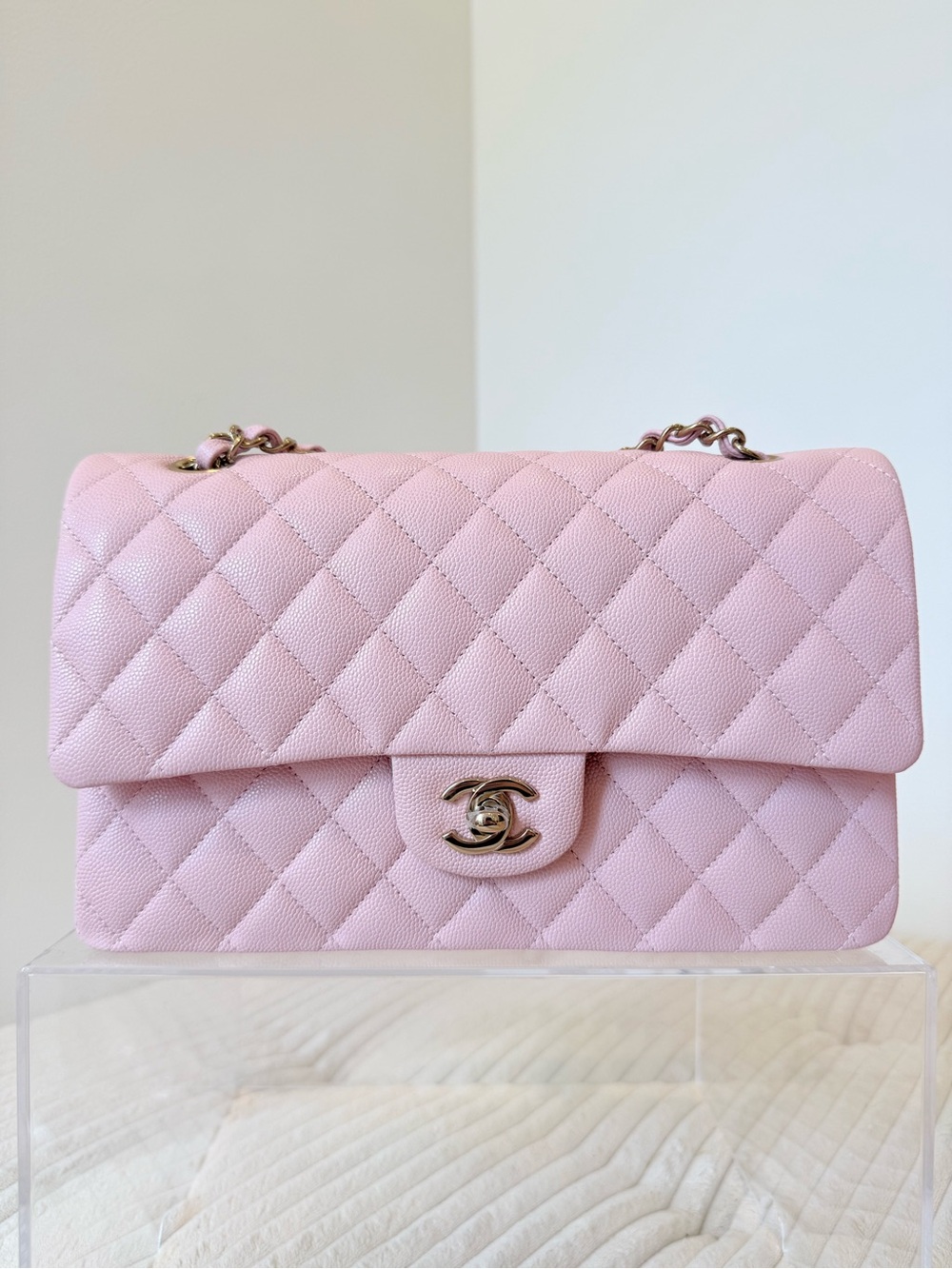 CHANEL Quilted Classic Double Flap Shoulder Bag in Light Pink with Gold Hardware